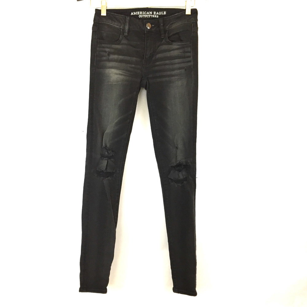 AEO black jegging skinny distressed jeans stretch
